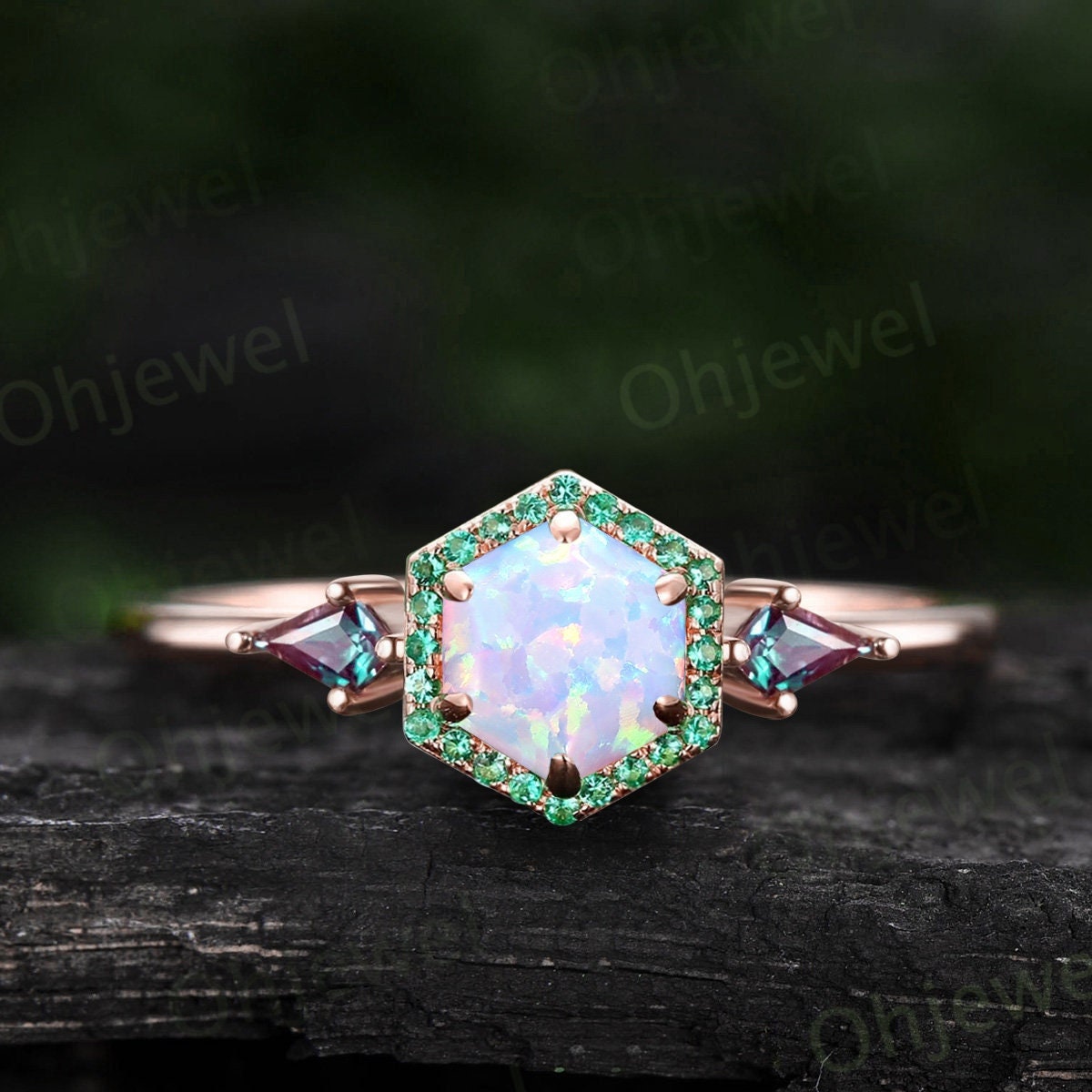 Opal ring vintage Hexagon opal engagement ring solid 14k rose gold halo emerald ring women kite alexandrite ring dainty wedding bridal ring