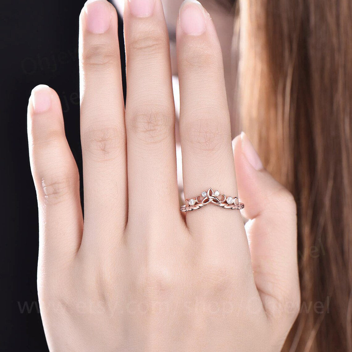 Curved diamond wedding band solid 14k rose gold chevron four stone moon ring Celtic knot eternity stacking Twisted wedding ring band women