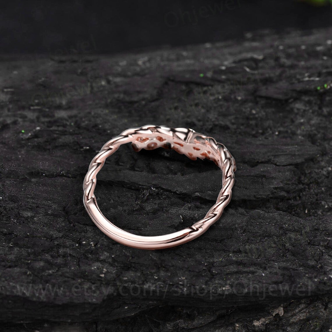 Curved diamond wedding band solid 14k rose gold chevron four stone moon ring Celtic knot eternity stacking Twisted wedding ring band women