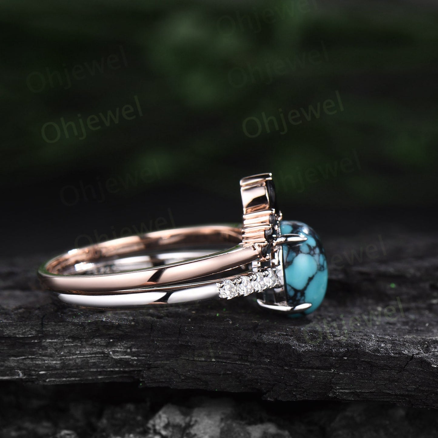 Oval natural Turquoise ring vintage Turquoise engagement ring white gold moissanite ring black spinel rose gold ring bridal ring set women