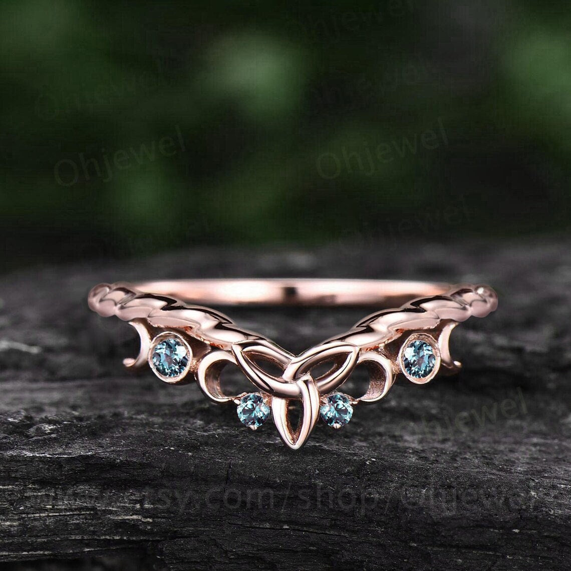 Curved Alexandrite wedding band solid 14k rose gold chevron four stone moon Celtic knot eternity stacking Twisted wedding ring band women