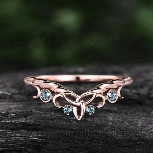 Curved Alexandrite wedding band solid 14k rose gold chevron four stone moon Celtic knot eternity stacking Twisted wedding ring band women