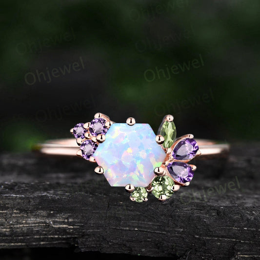 Vintage hexagon white opal engagement ring rose gold cluster peridot amethyst ring women dainty 6 prong birthstone anniversary ring gift