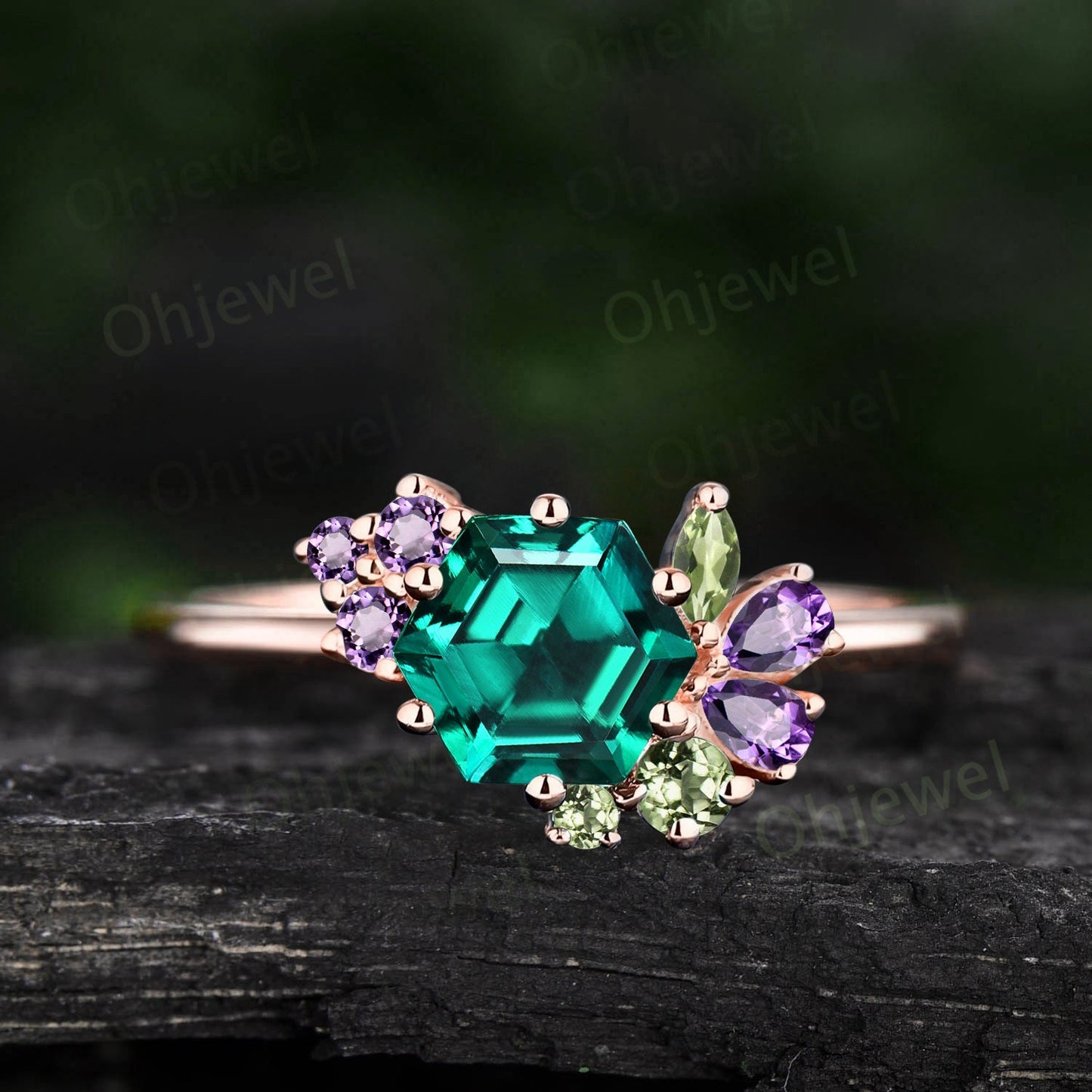 Hexagon cut emerald ring gold cluster peridot amethyst ring women vintage dainty unique engagement ring gemstone May birthstone ring gift