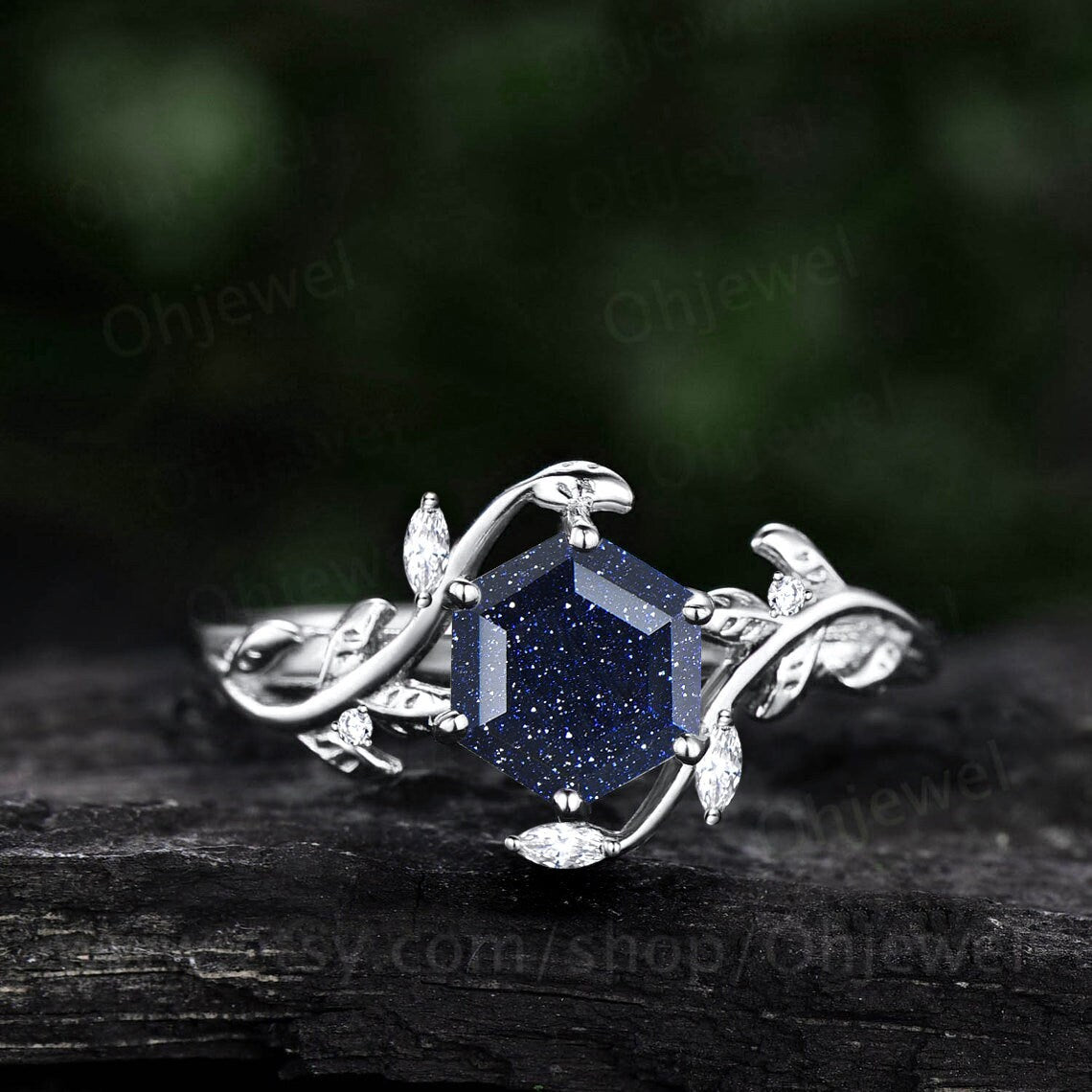 Vintage Hexagon cut blue sandstone engagement ring nature inspired sapphire ring women leaf white gold branch bridal wedding ring jewelry