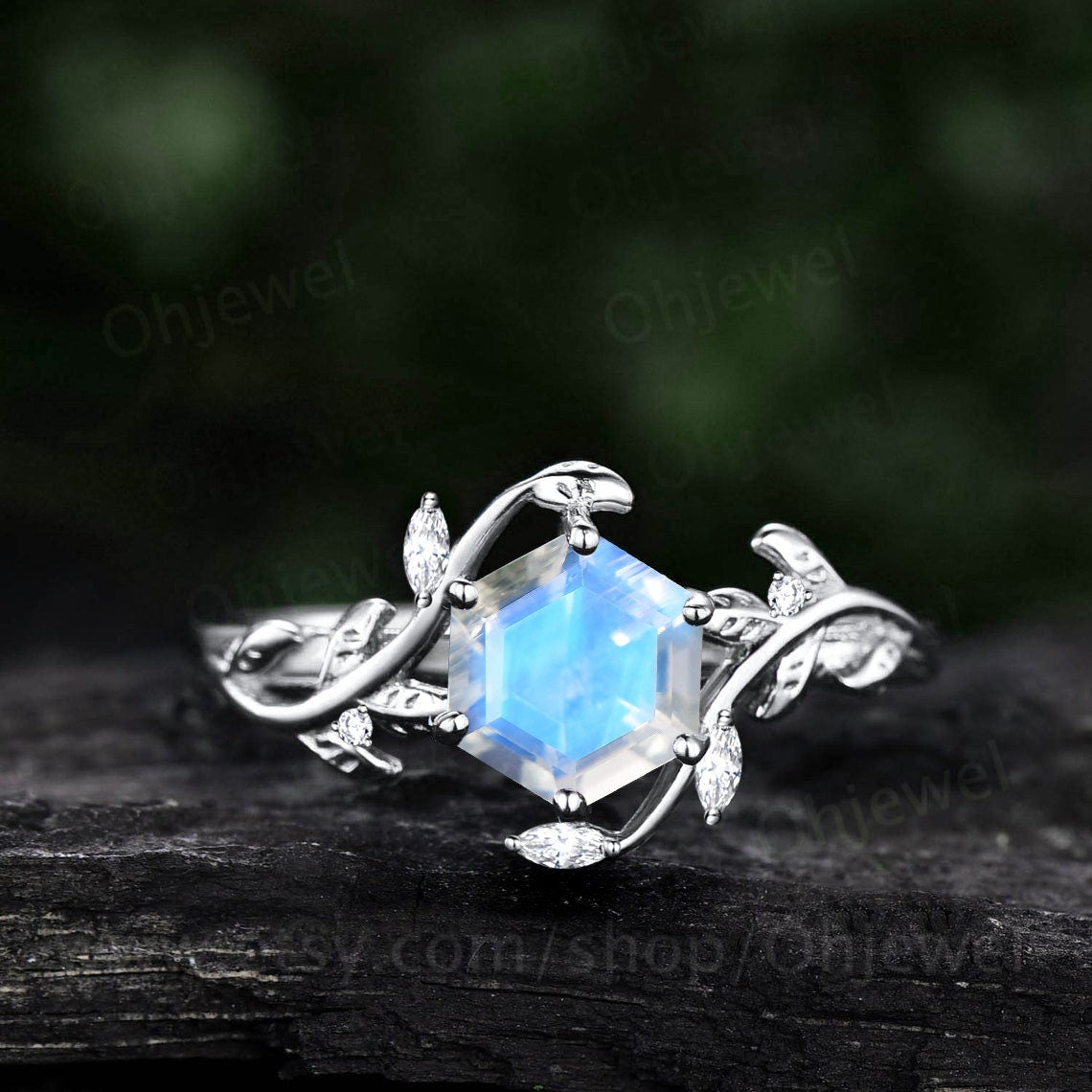 Vintage Hexagon cut moonstone engagement ring art deco nature inspired diamond ring women leaf rose gold branch promise wedding ring gift