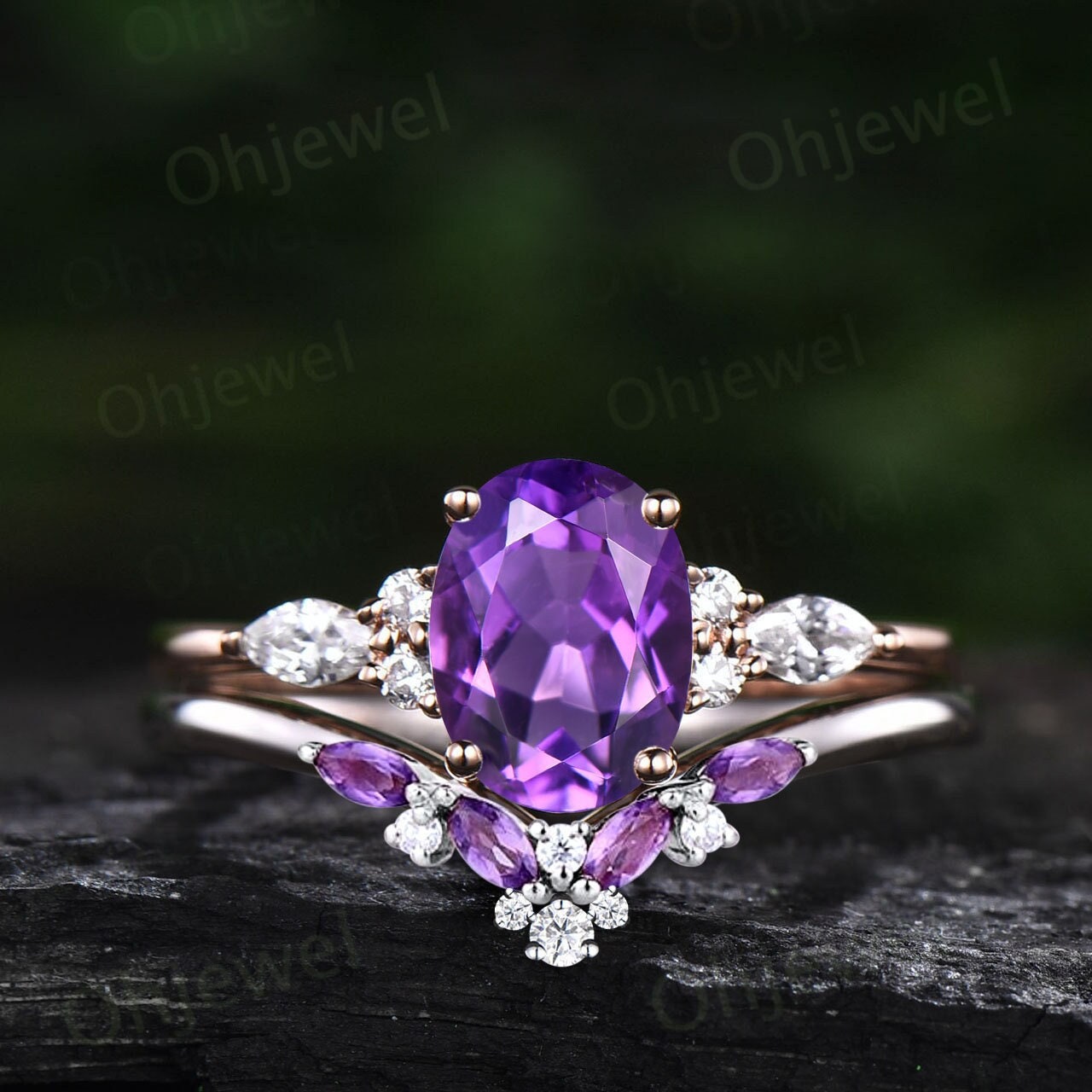 Vintage oval cut amethyst engagement ring set rose gold marquise black rutilated quartz ring women moissanite wedding bridal ring set gift