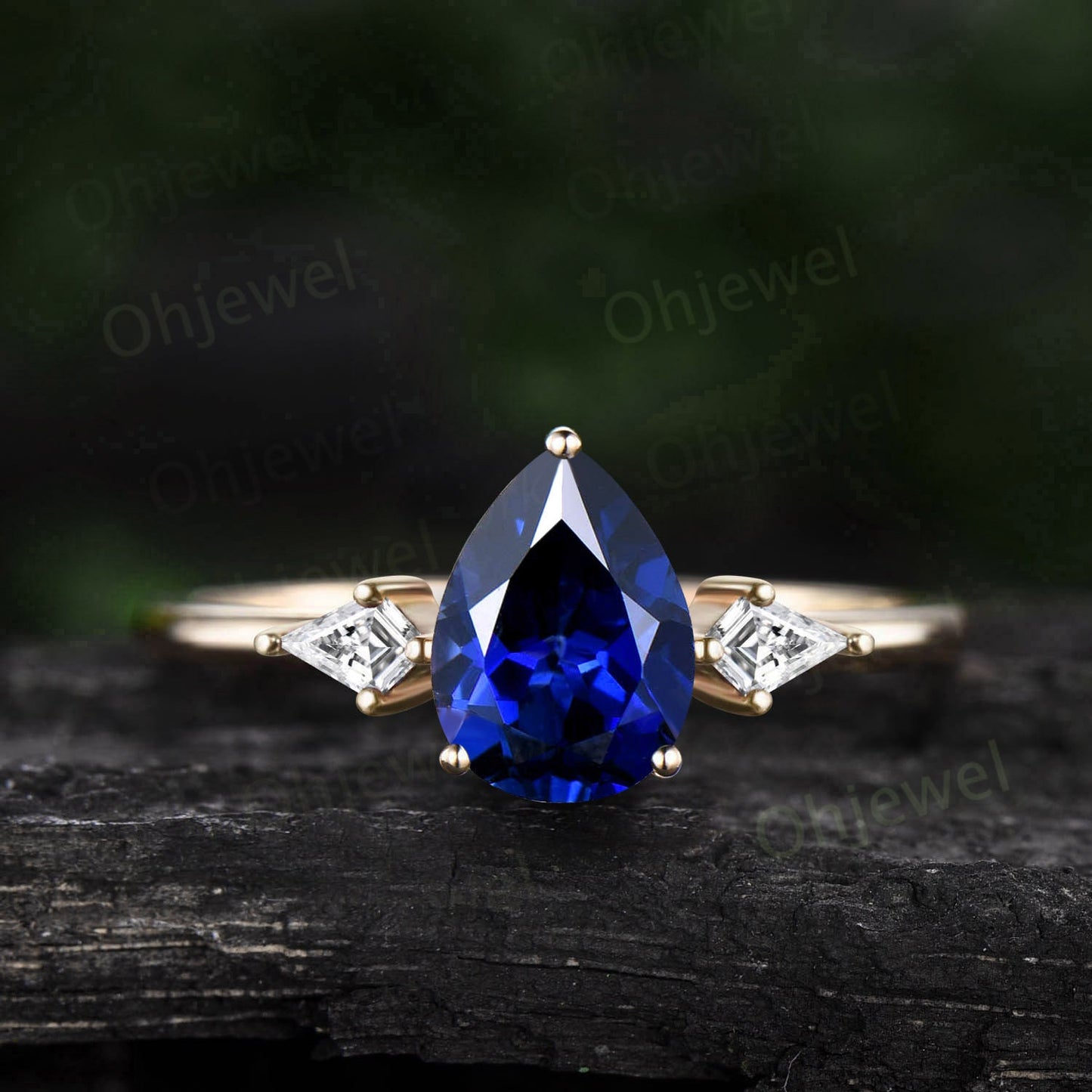 Pear shaped sapphire ring women vintage kite cut sapphire ring three stone unique engagement ring Minimalist rose gold wedding ring gift