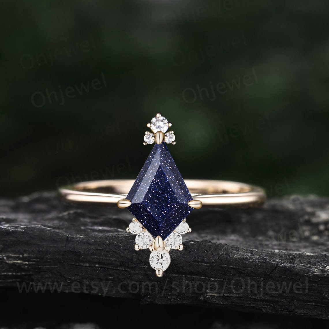 Kite cut blue sandstone engagement ring 14k rose gold cluster Cathedral diamond promise ring her dainty moissanite ring women fine jewelry