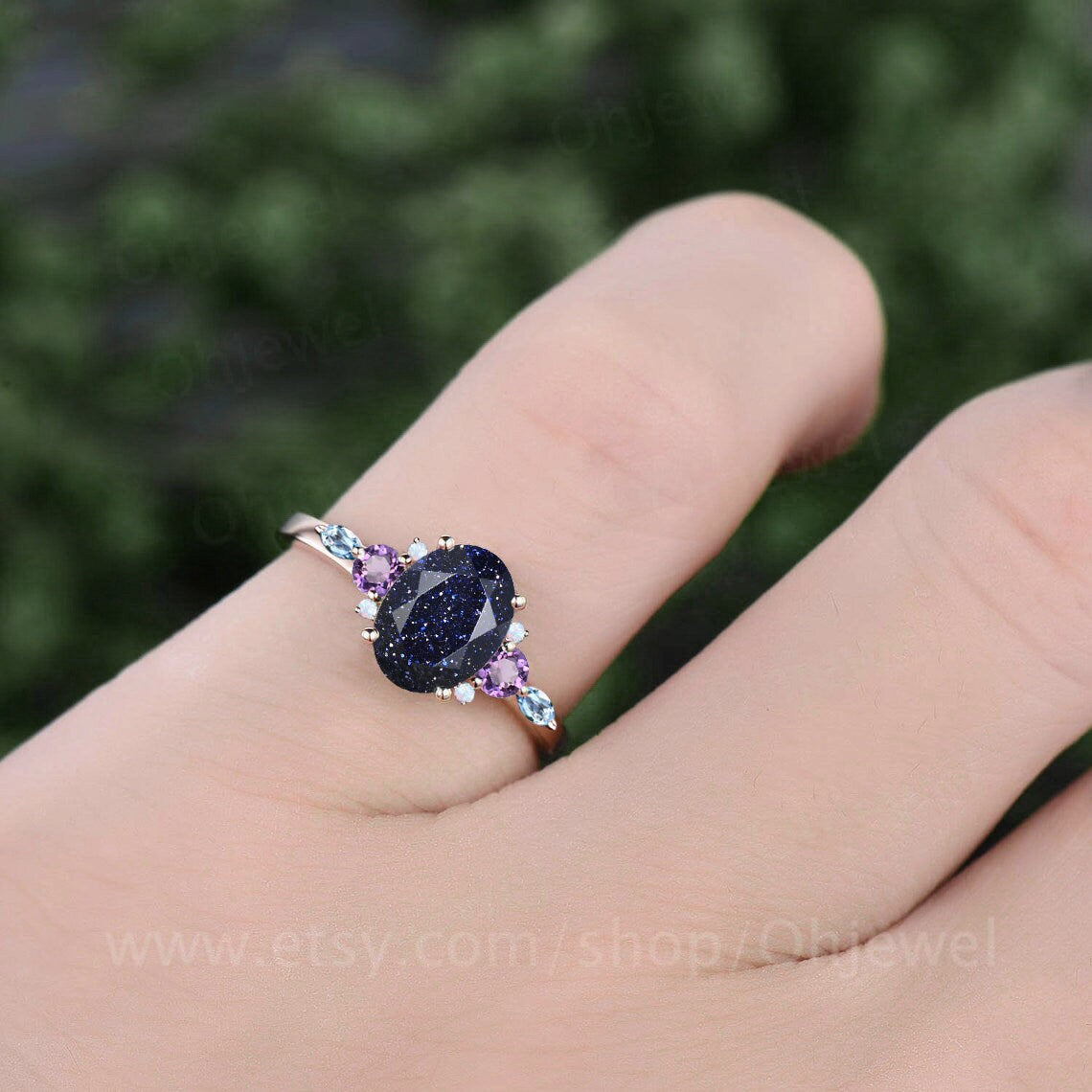 Oval cut blue sandstone ring engagement ring rose gold cluster opal amethyst topaz ring women unique wedding ring birthstone ring silver