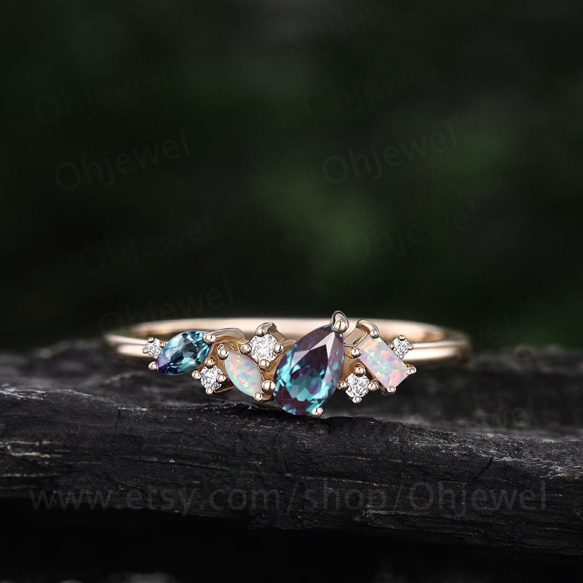 Cluster pear alexandrite ring rose gold art deco Baguette cut opal ring women dainty moissanite wedding band bridal anniversary ring gift