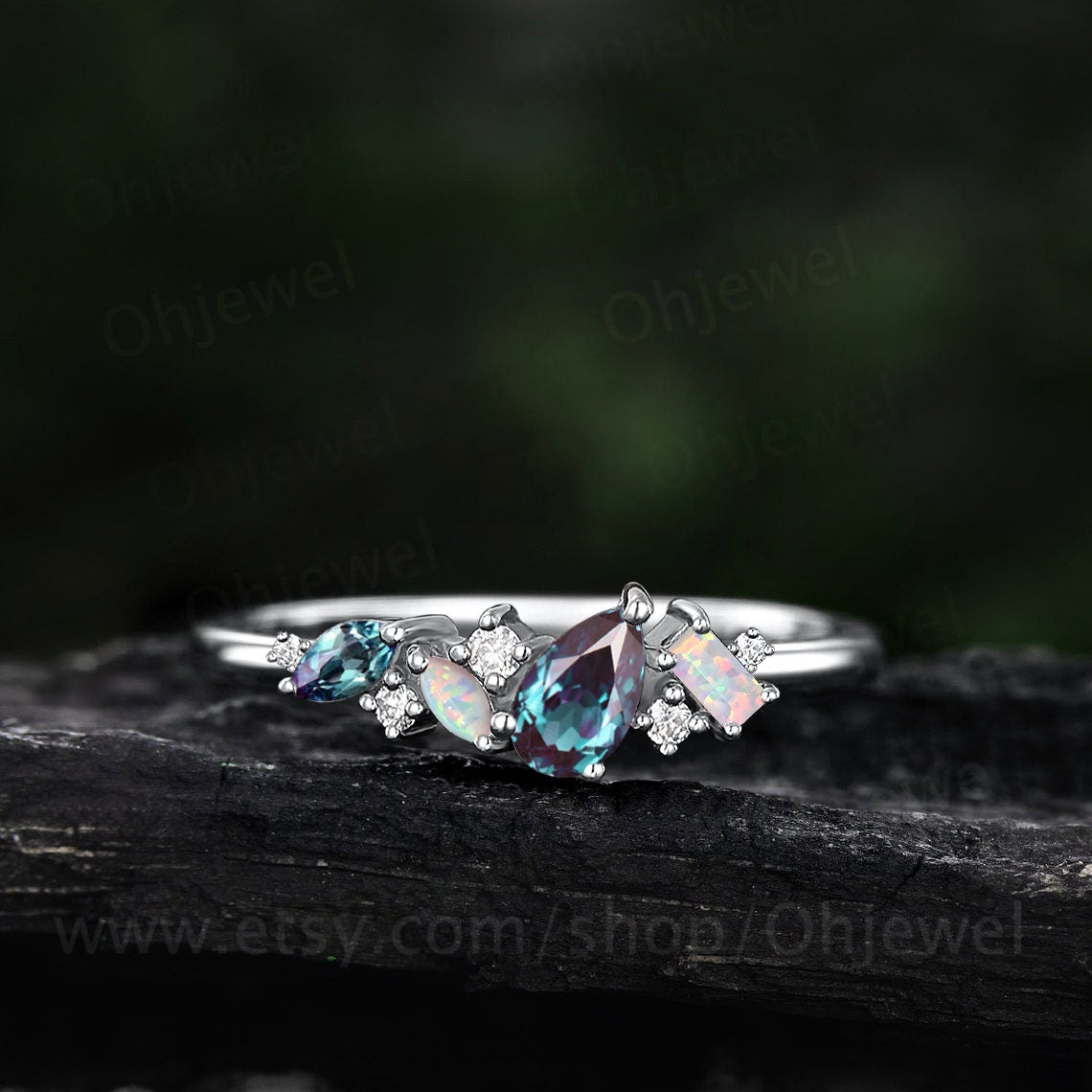 Cluster pear alexandrite ring rose gold art deco Baguette cut opal ring women dainty moissanite wedding band bridal anniversary ring gift