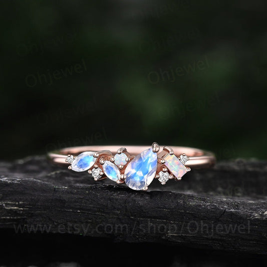 Pear moonstone ring vintage art deco Baguette opal ring rose gold cluster wedding band women moissanite ring dainty June brthstone ring gift