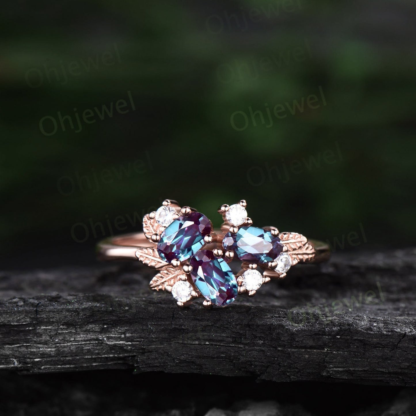 Oval cut Alexandrite ring vintage leaf nature inspired 14k rose gold dainty cluster moissanite wedding ring band women gemstone ring gift