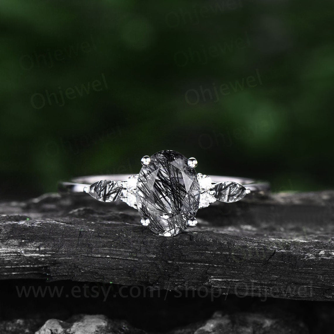 Vintage oval black rutilated quartz engagement ring set rose gold marquise black spinel ring women moissanite wedding bridal ring set gift