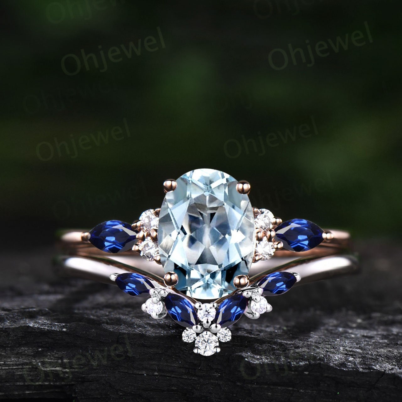 Vintage oval Aquamarine engagement ring set rose gold marquise sapphire ring women cluster moissanite wedding bridal ring set fine jewelry