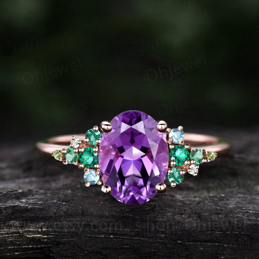 Vintage amethsyt emerald engagement ring rose gold cluster snowdrift peridot topaz ring women unique moissanite bridal promise wedding ring