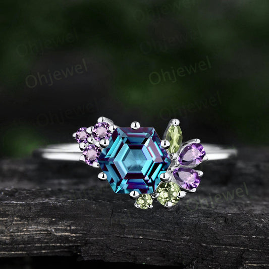 Vintage Hexagon cut alexandrite engagement ring cluster amethyst peridot ring solid 14k white gold women unique dainty anniversary ring gift