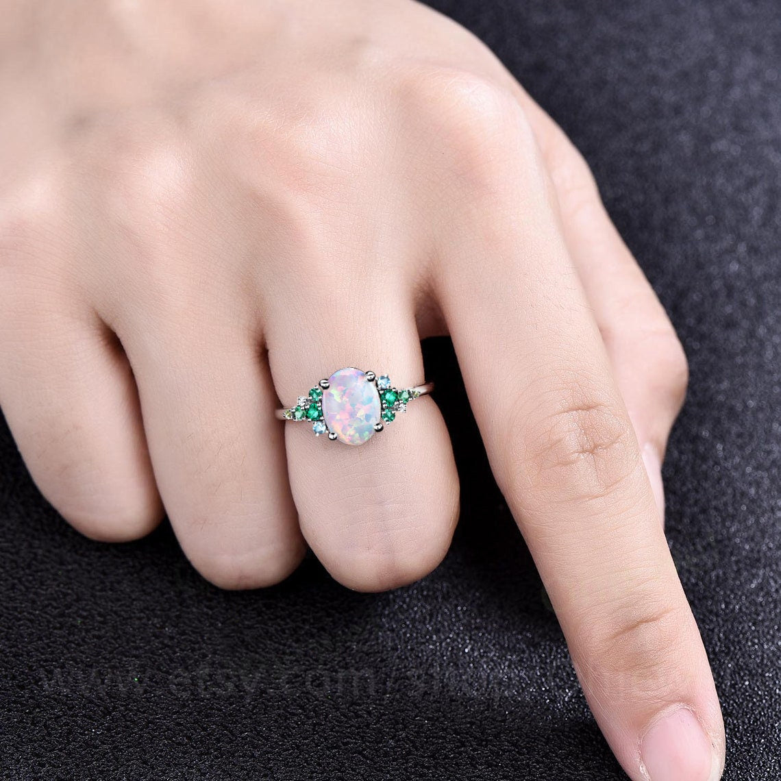 Vintage opal emerald engagement ring rose gold cluster snowdrift peridot topaz ring women gemstone ring unique bridal promise wedding ring
