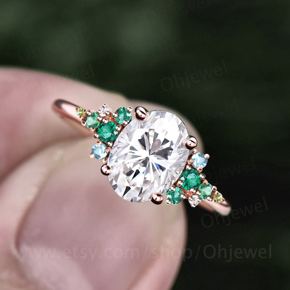 Vintage 2ct oval moissanite engagement ring cluster snowdrift peridot emerald ring women solid 14k rose gold unique bridal promise ring her