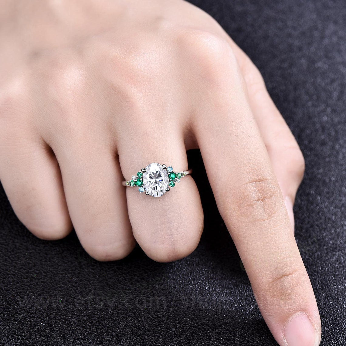 Vintage 2ct oval moissanite engagement ring cluster snowdrift peridot emerald ring women solid 14k rose gold unique bridal promise ring her