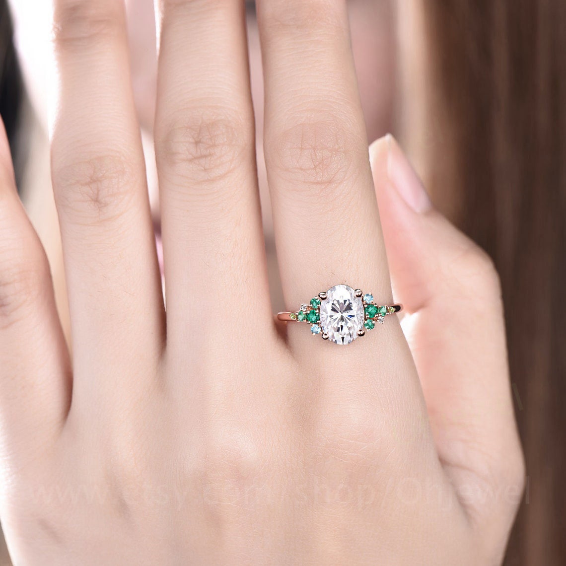 Vintage 2ct oval moissanite engagement ring cluster snowdrift peridot emerald ring women solid 14k rose gold unique bridal promise ring her
