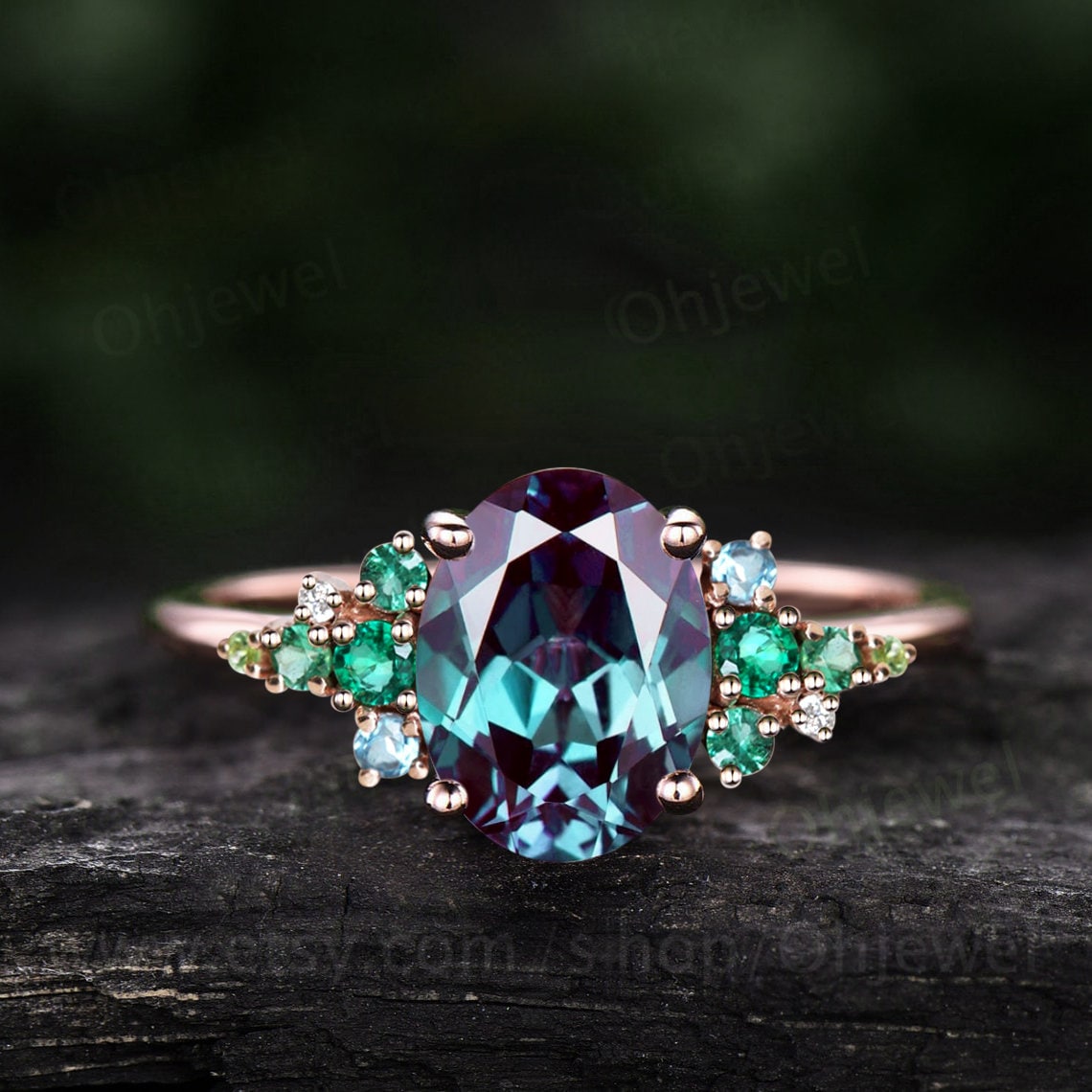Vintage Alexandrite emerald engagement ring rose gold cluster snowdrift peridot topaz ring women gemstone ring unique bridal wedding ring