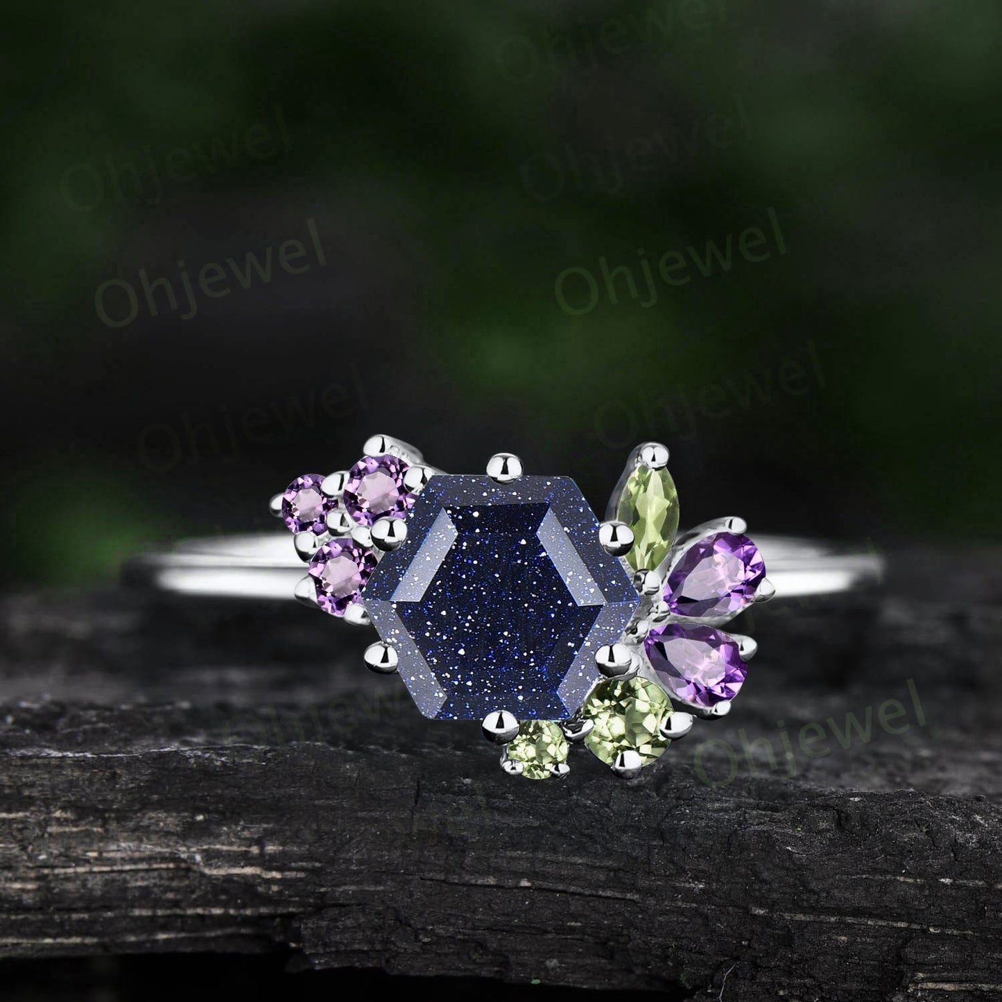 Hexagon cut blue sandstone ring rose gold cluster peridot amethyst ring women vintage engagement ring 925 sterling silver gemstone ring