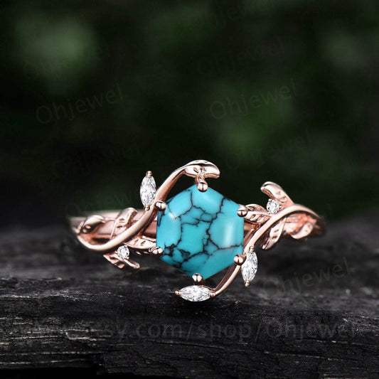 Vintage Hexagon cut natural Turquoise engagement ring cluster nature inspired diamond ring women leaf rose gold branch wedding ring gift
