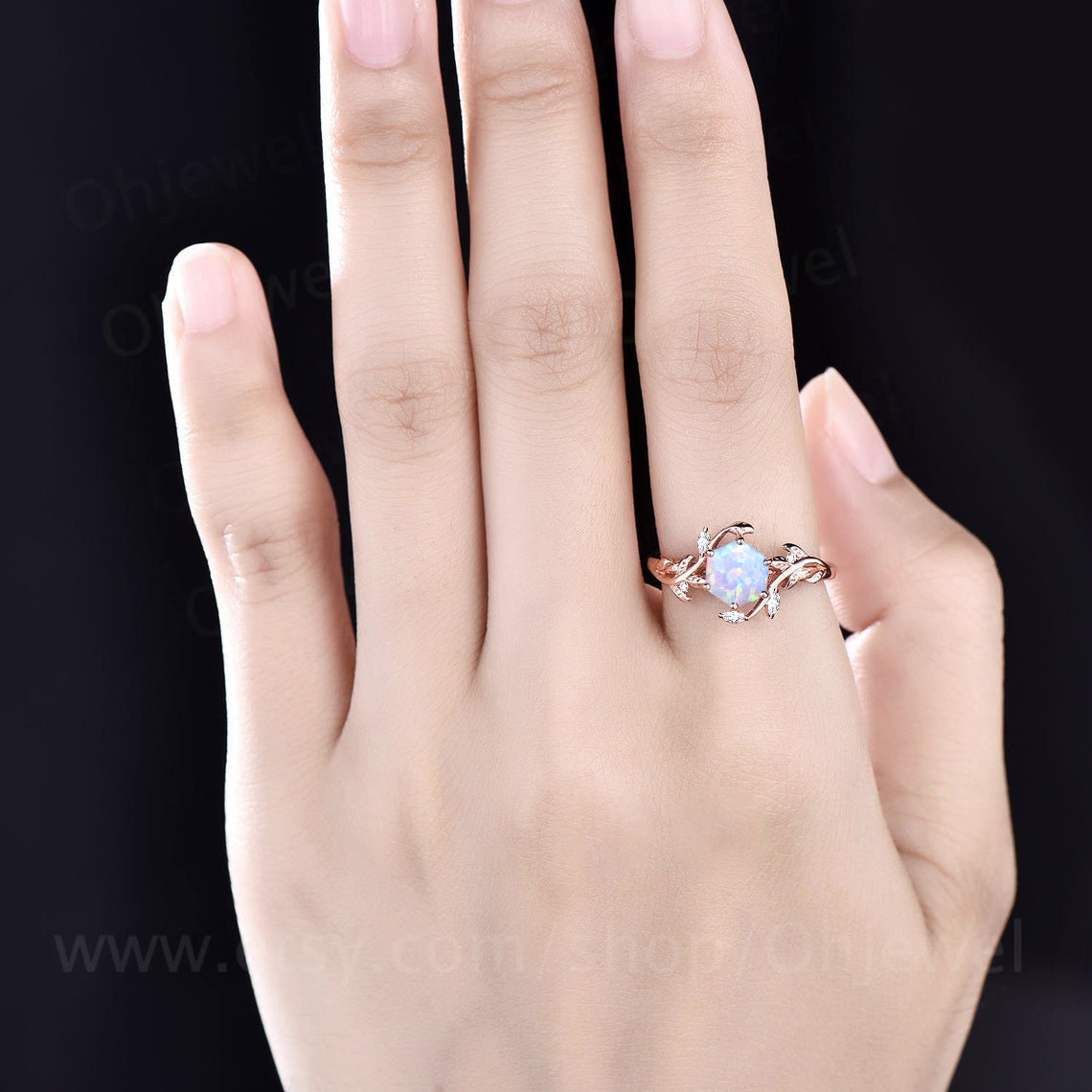 Vintage Hexagon opal engagement ring art deco cluster nature inspired diamond ring women leaf rose gold branch anniversary wedding ring gift