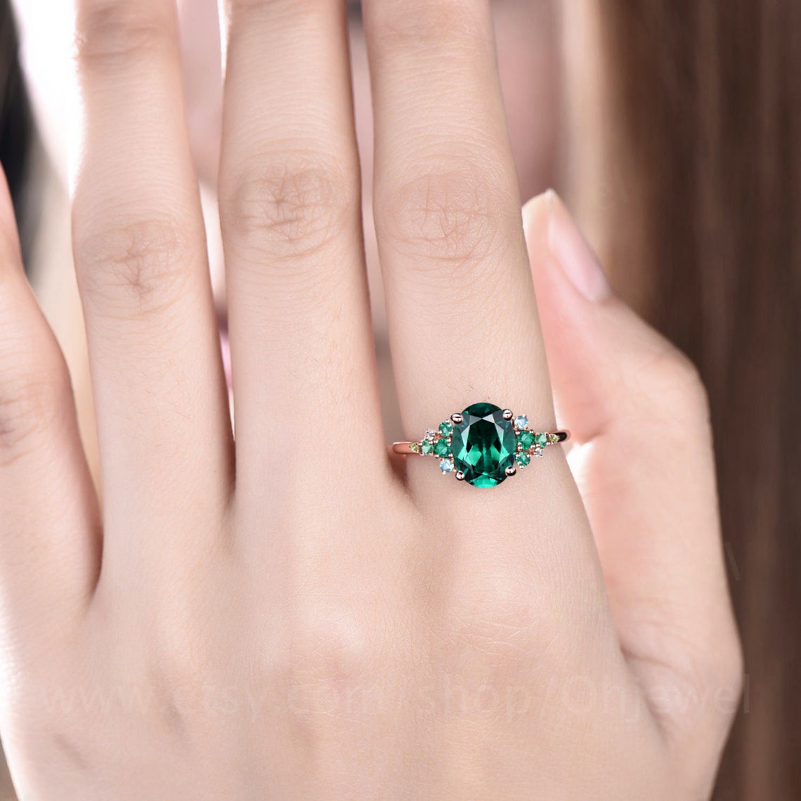 Vintage oval cut emerald engagement ring solid 14k rose gold cluster snowdrift peridot topaz ring women gemstone ring unique bridal ring