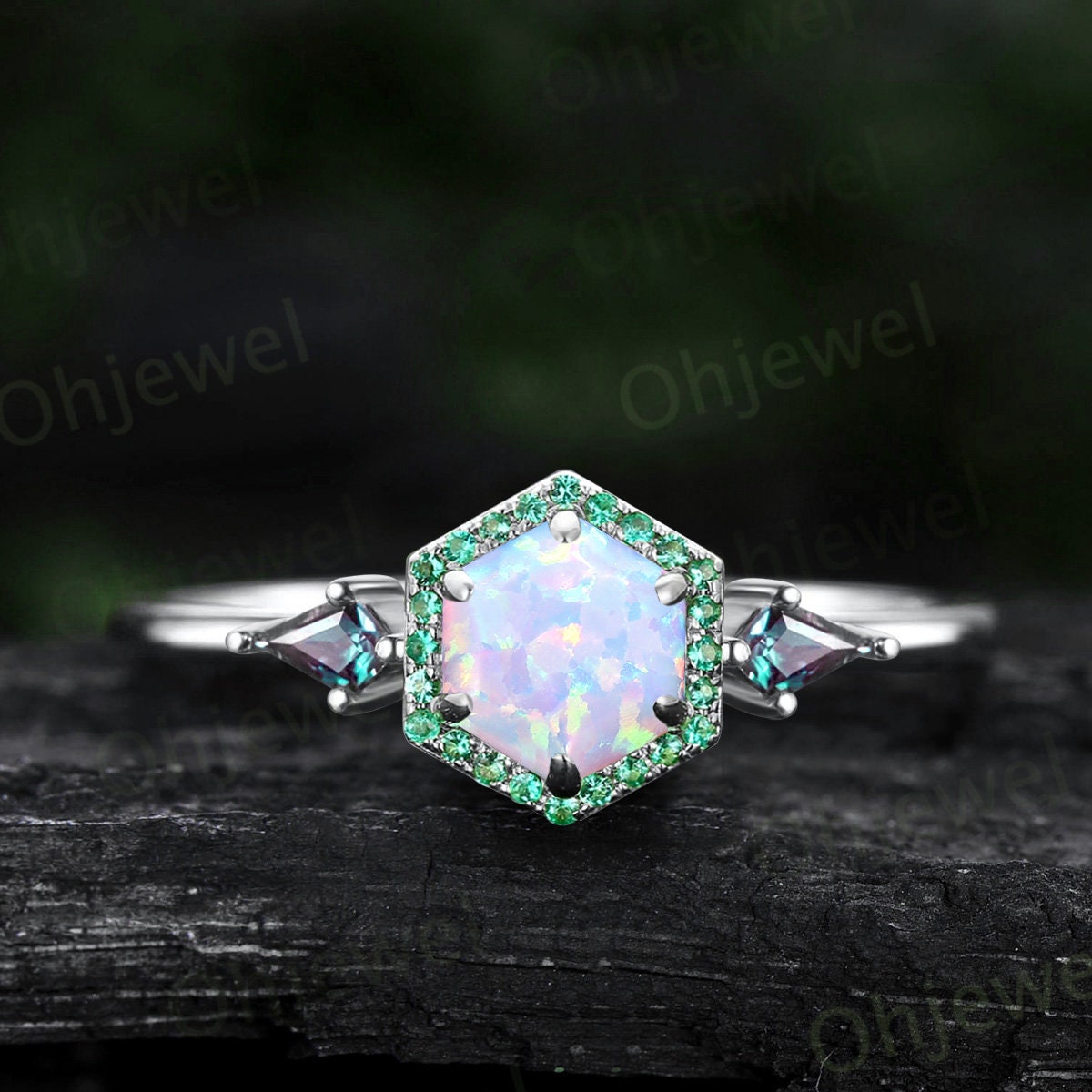 Opal ring vintage Hexagon opal engagement ring solid 14k rose gold halo emerald ring women kite alexandrite ring dainty wedding bridal ring
