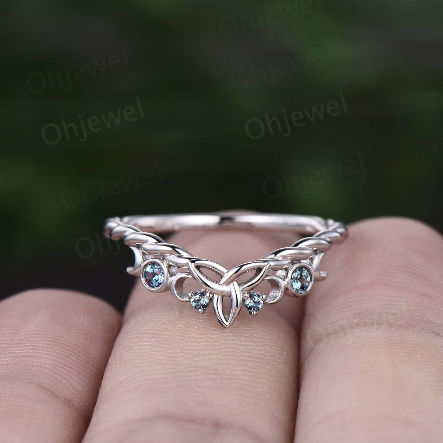 Curved Alexandrite wedding band solid 14k rose gold chevron four stone moon Celtic knot eternity stacking Twisted wedding ring band women