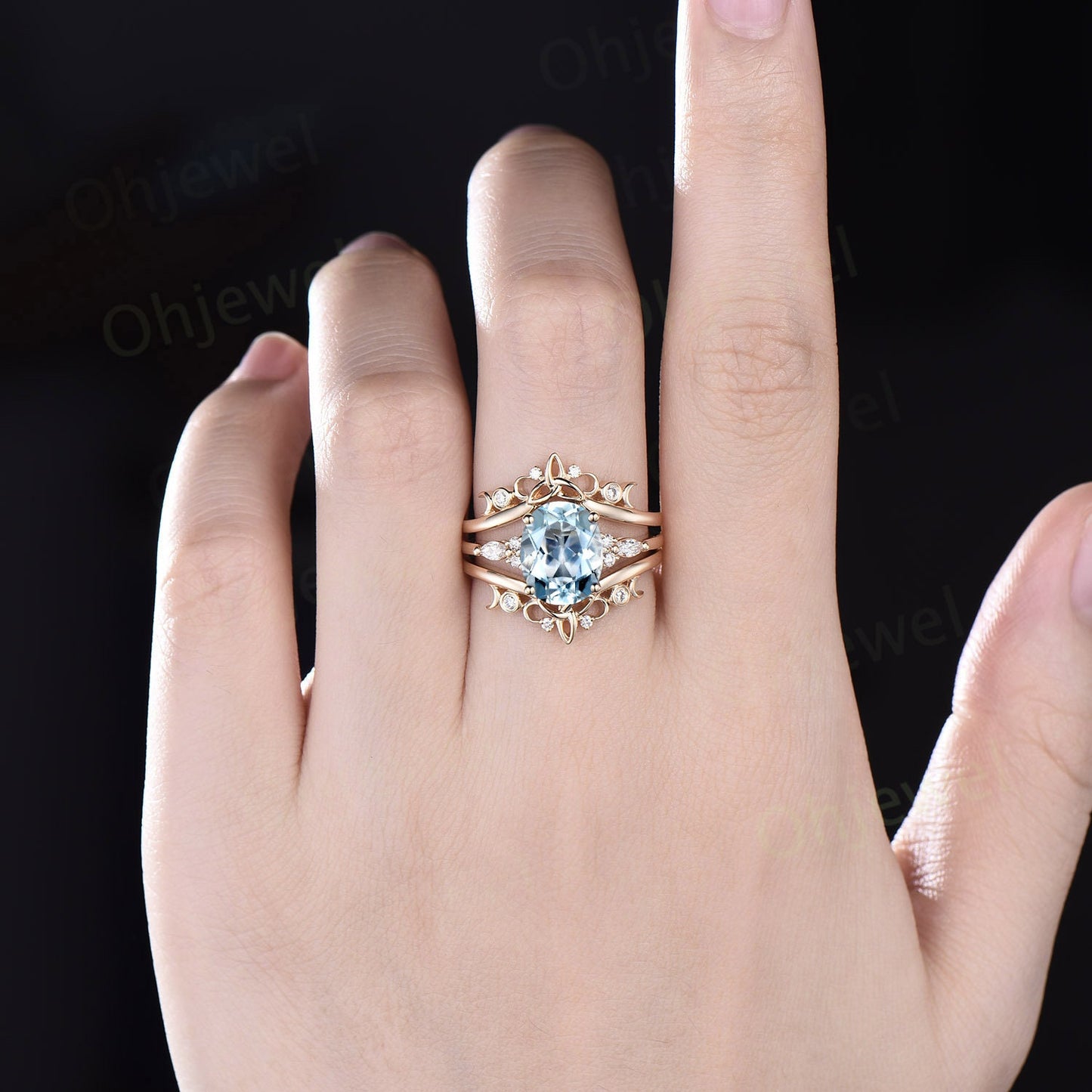 8x10mm oval cut Aquamarine engagement ring set solid 14k white gold art deco diamond ring vintage moon Celtic knot wedding ring set women
