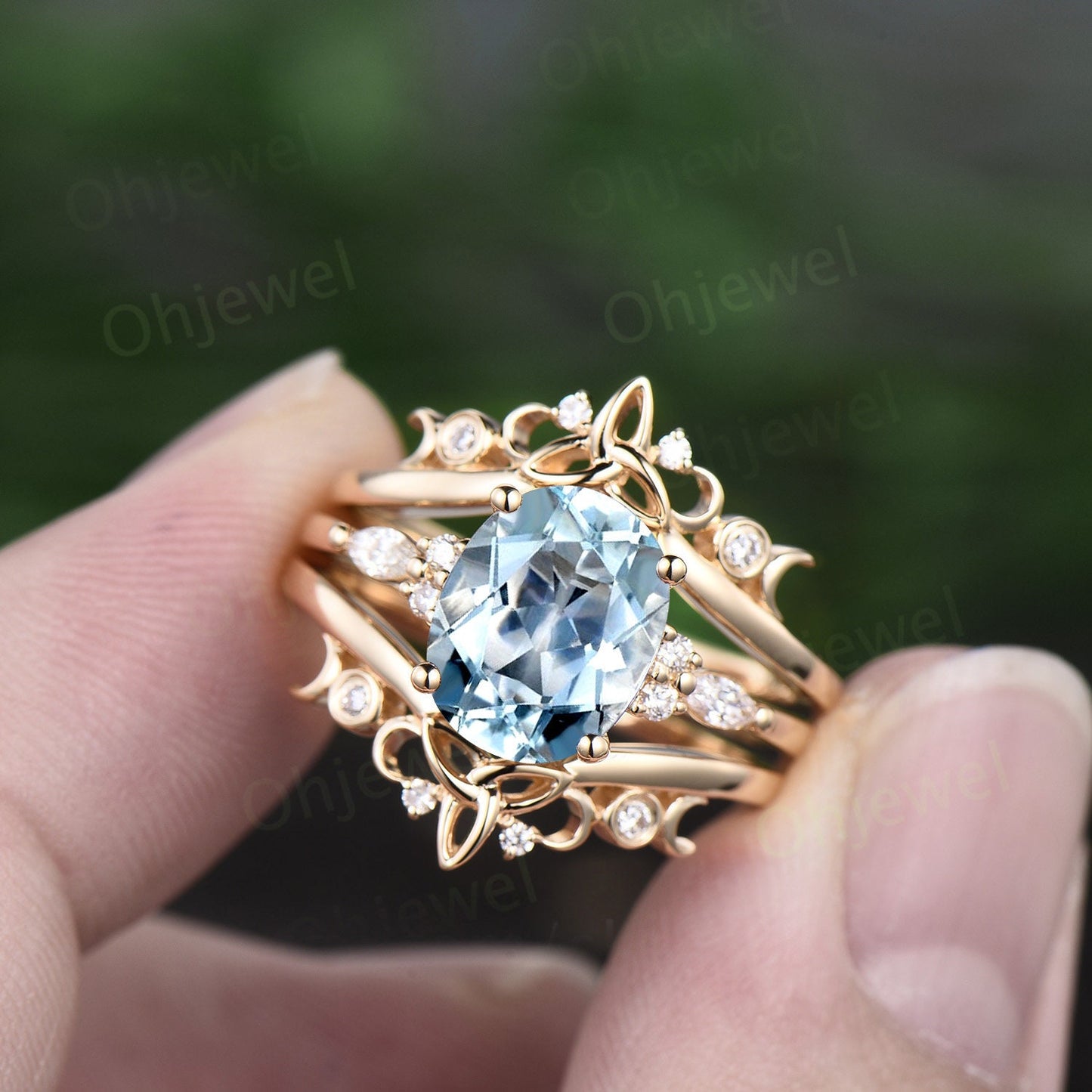 8x10mm oval cut Aquamarine engagement ring set solid 14k white gold art deco diamond ring vintage moon Celtic knot wedding ring set women