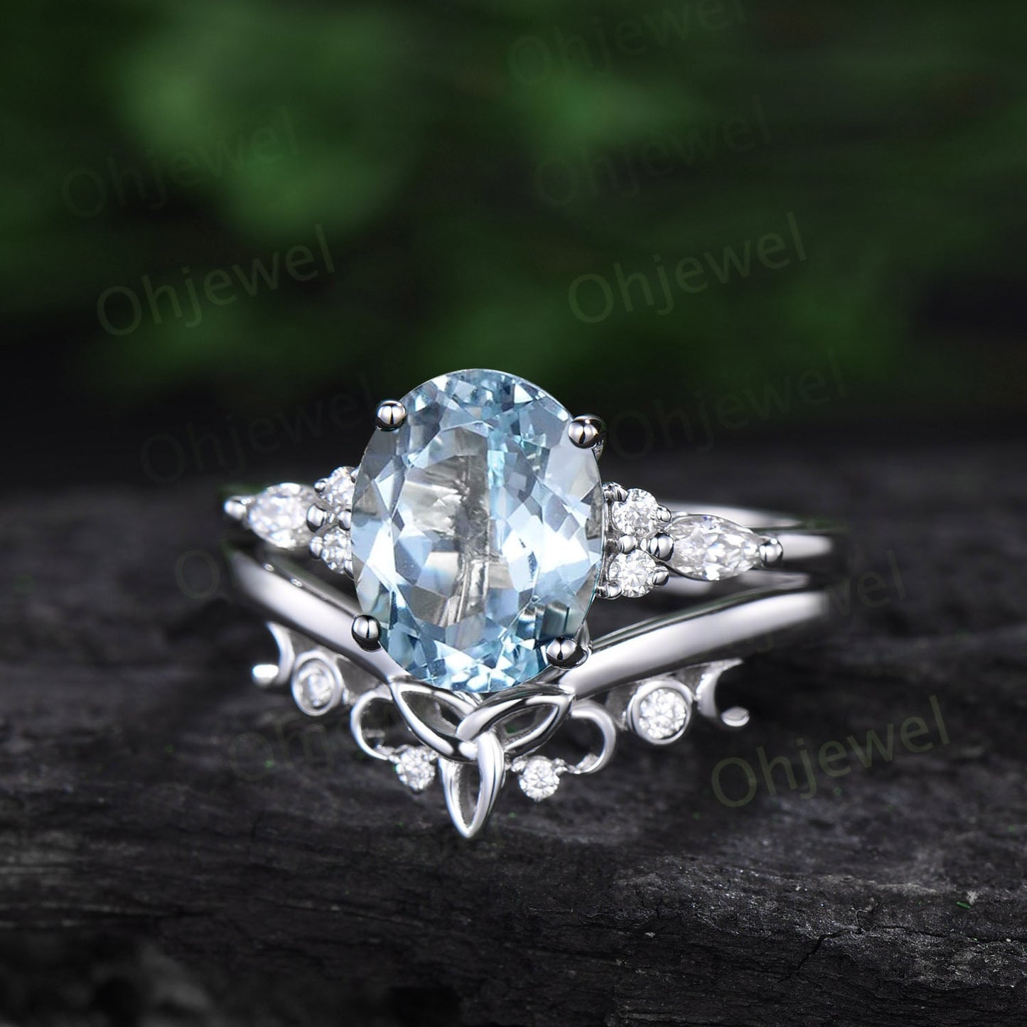 8x10mm oval cut Aquamarine engagement ring set solid 14k white gold art deco diamond ring vintage moon Celtic knot wedding ring set women