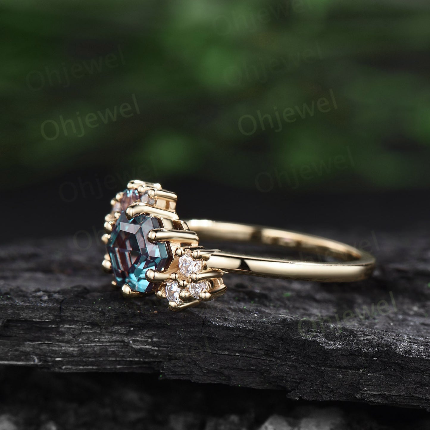 Cluster Alexandrite ring vintage Hexagon cut Alexandrite engagement ring women rose gold diamond ring dainty 925 sterling silver ring gift