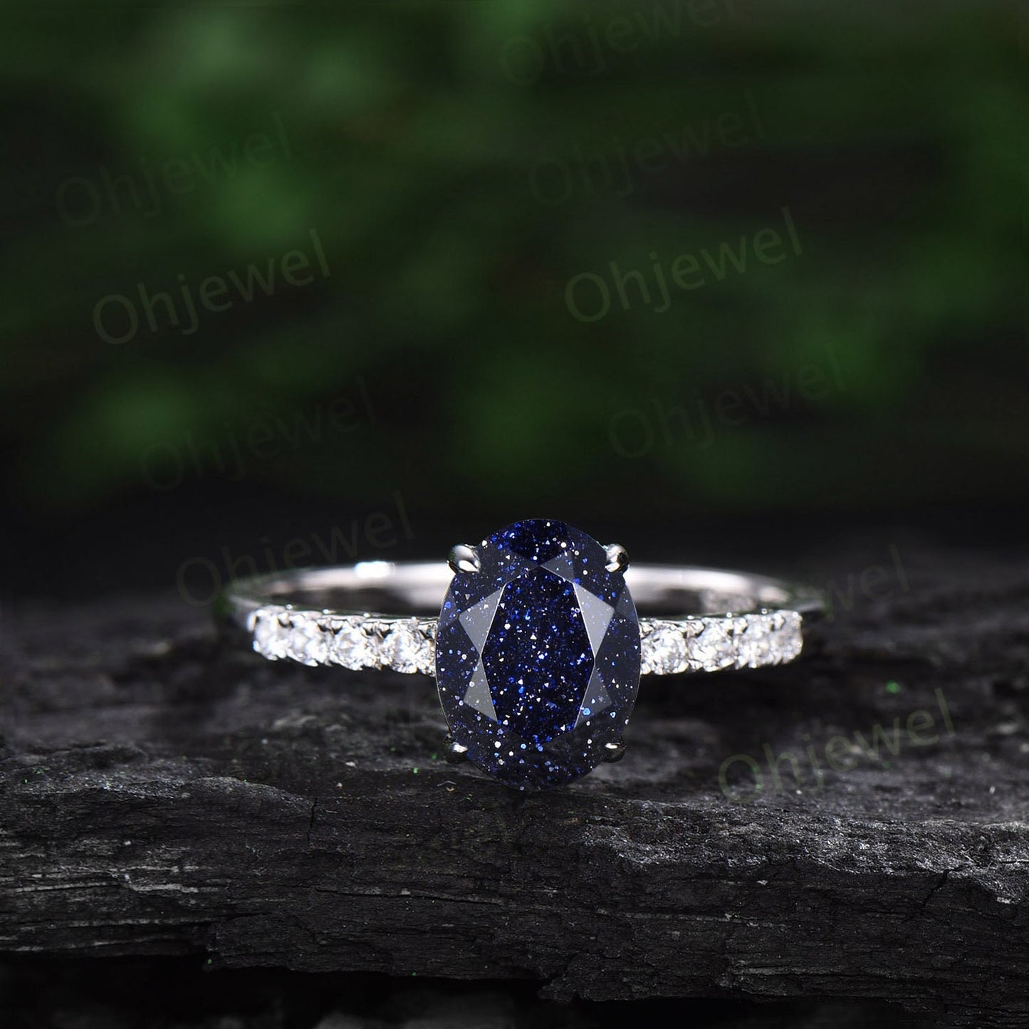 Vintage oval cut blue sandstone engagement ring solid 14k white gold unique bridal set moissanite ring women stacking anniversary ring gift