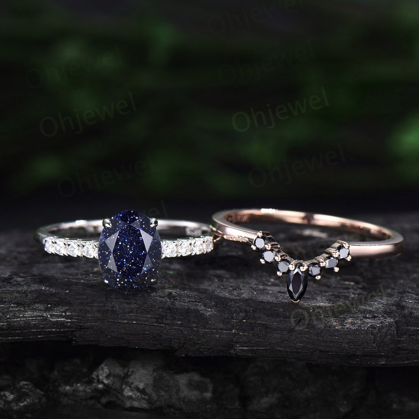 Vintage oval cut blue sandstone engagement ring solid 14k white gold unique bridal set moissanite ring women stacking anniversary ring gift