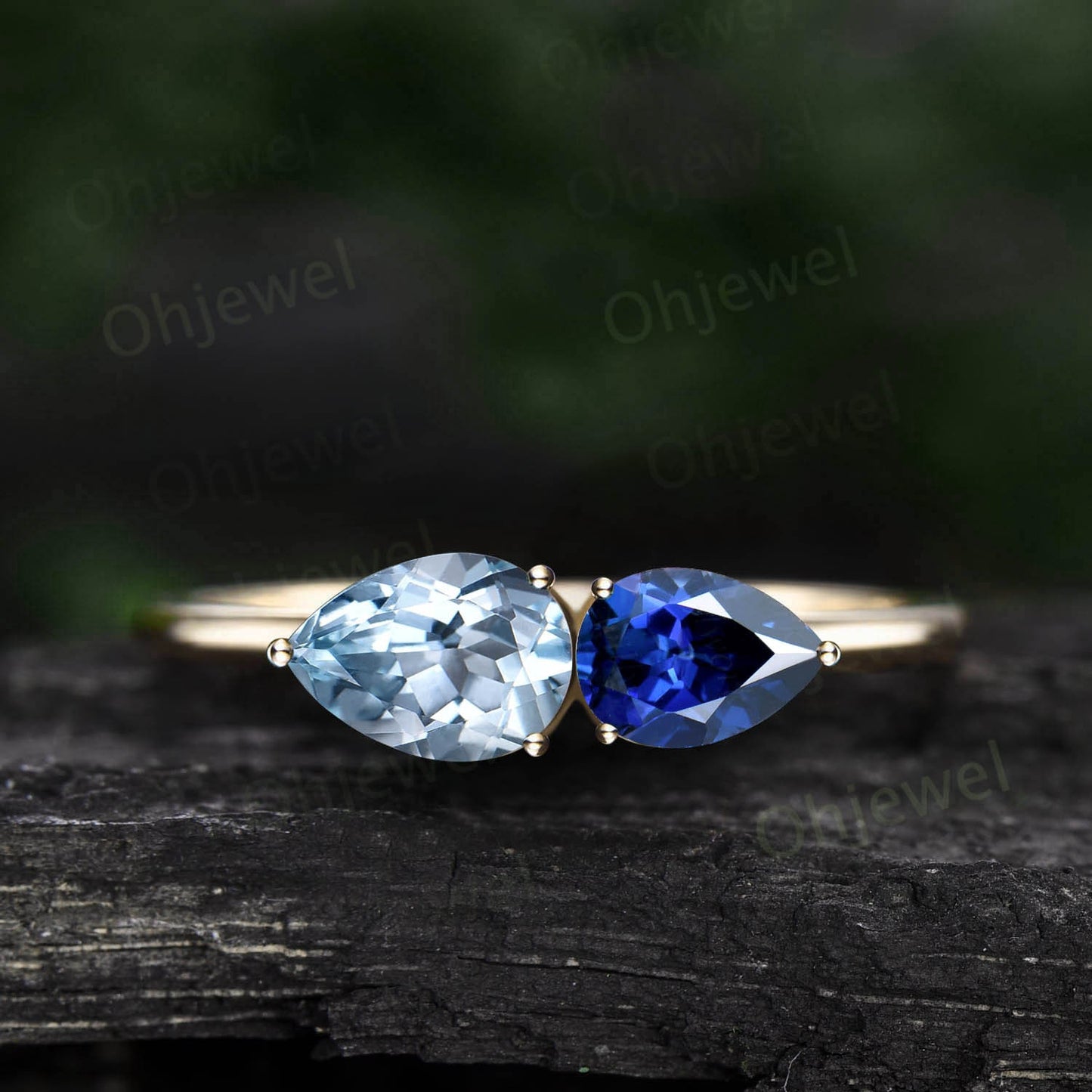 Minimalist pear shaped aquamarine ring solid 14k rose gold dainty two stone sapphire ring unique east to west engagement ring women gift