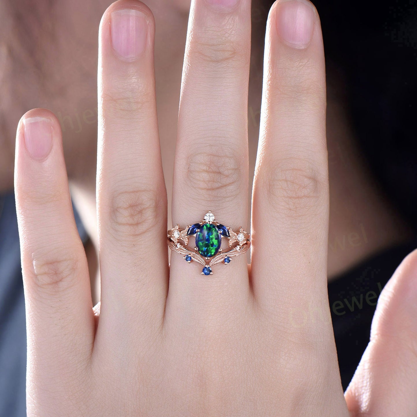 Vintage oval black opal engagement ring set rose gold twig marquise cut sapphire ring branch leaf moissanite wedding bridal ring set women