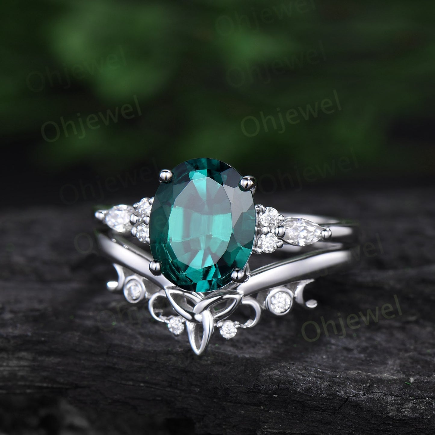 8x10mm oval cut Emerald engagement ring set solid 14k white gold Celtic knot diamond ring vintage fine jewelry stacking bridal set women