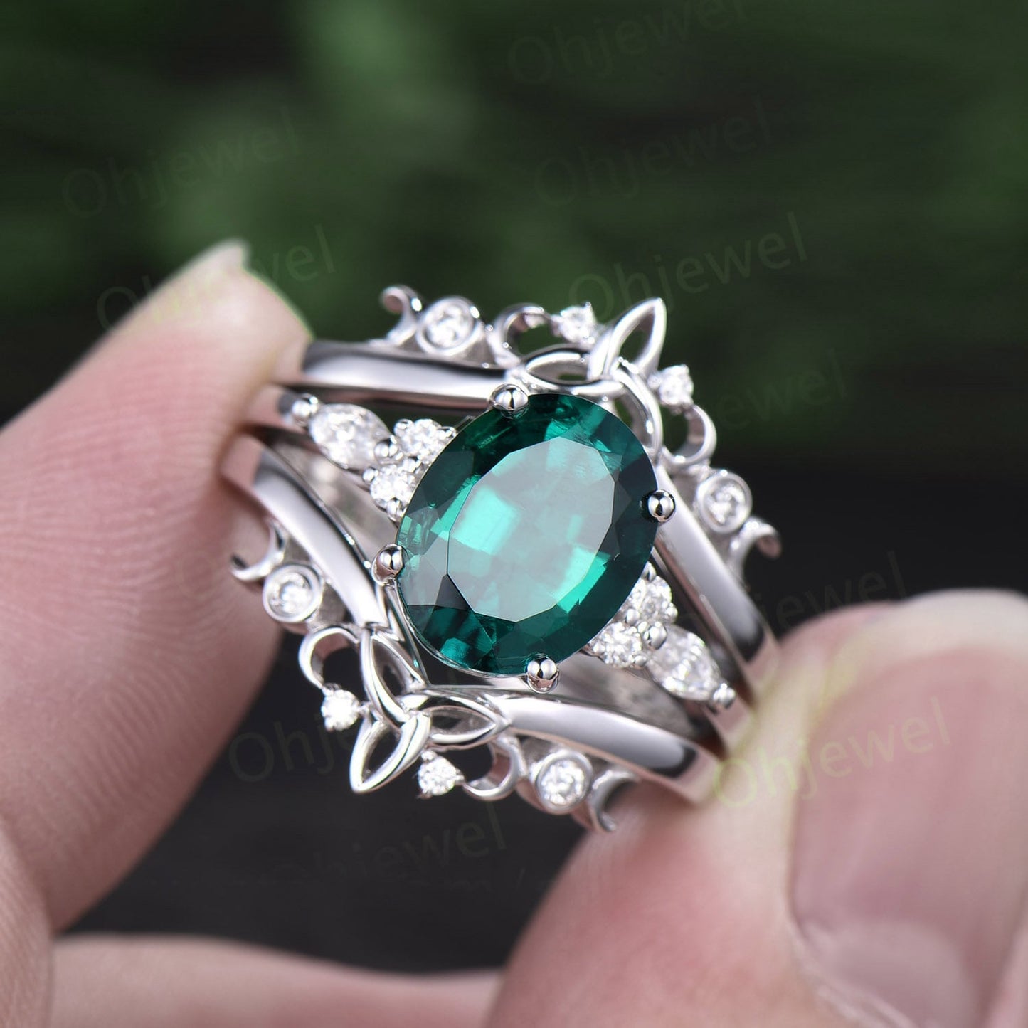 8x10mm oval cut Emerald engagement ring set solid 14k white gold Celtic knot diamond ring vintage fine jewelry stacking bridal set women