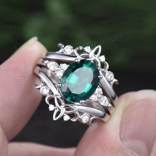 8x10mm oval cut Emerald engagement ring set solid 14k white gold Celtic knot diamond ring vintage fine jewelry stacking bridal set women