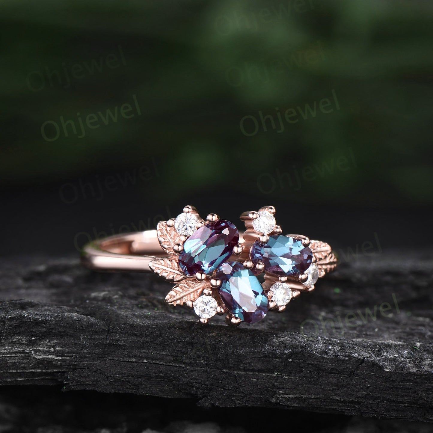 Oval cut Alexandrite ring vintage leaf nature inspired 14k rose gold dainty cluster moissanite wedding ring band women gemstone ring gift