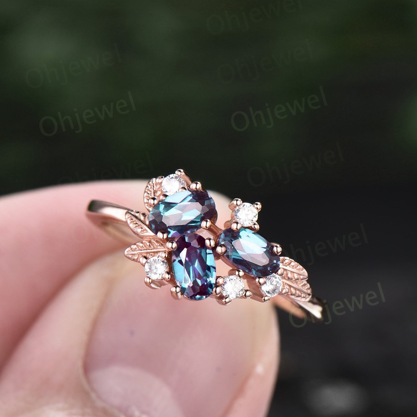 Oval cut Alexandrite ring vintage leaf nature inspired 14k rose gold dainty cluster moissanite wedding ring band women gemstone ring gift