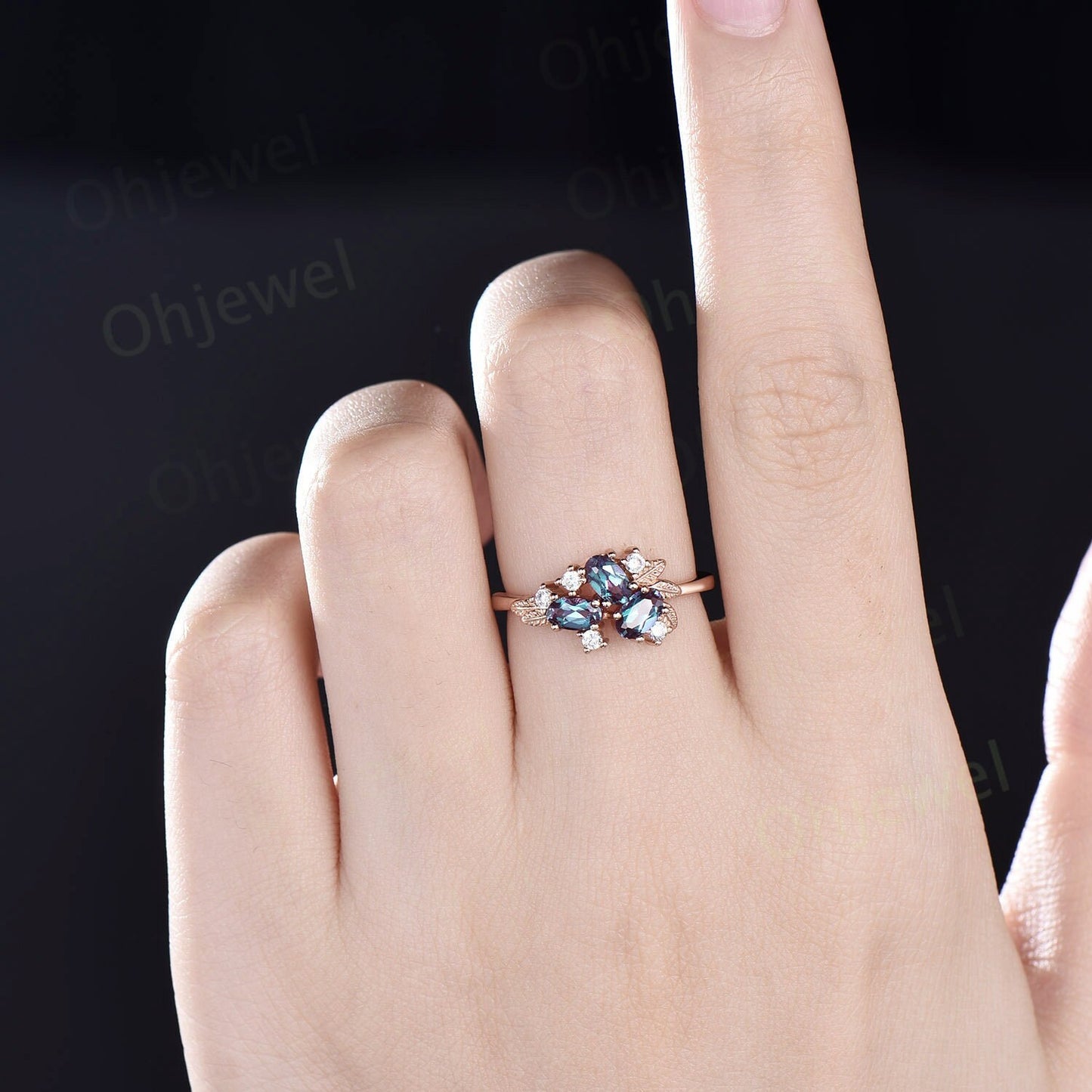 Oval cut Alexandrite ring vintage leaf nature inspired 14k rose gold dainty cluster moissanite wedding ring band women gemstone ring gift