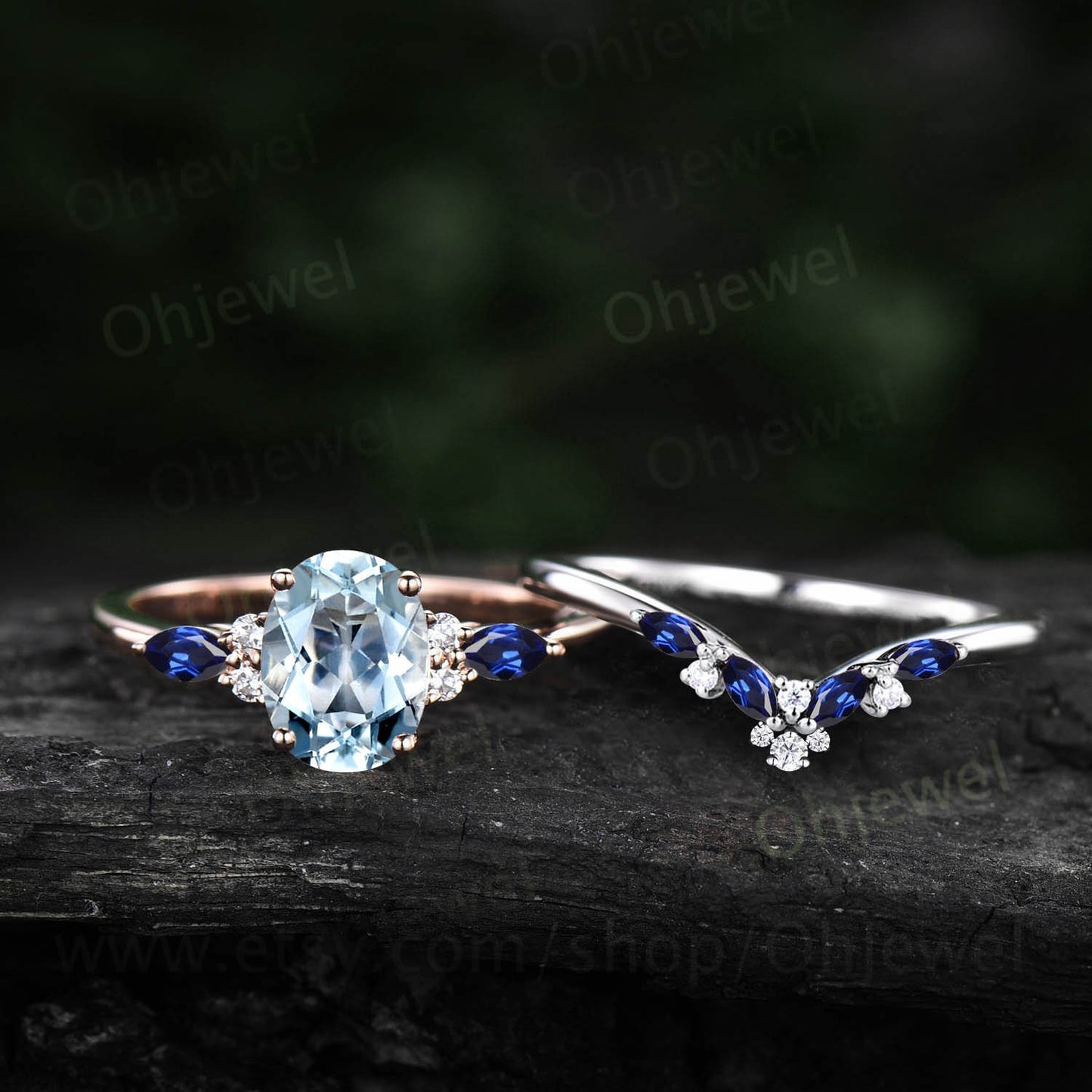 Vintage oval Aquamarine engagement ring set rose gold marquise sapphire ring women cluster moissanite wedding bridal ring set fine jewelry