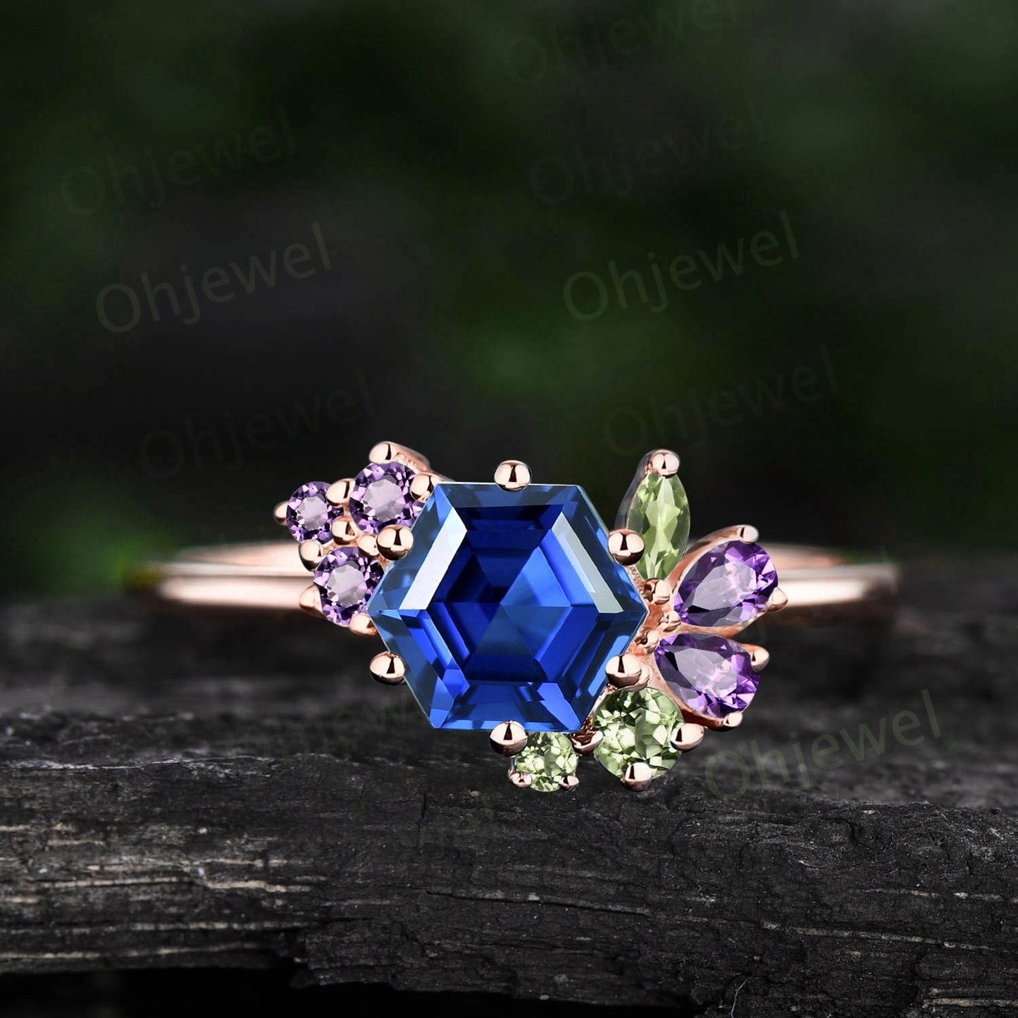 Vintage Hexagon cut sapphire engagement ring cluster amethyst peridot ring 14k rose gold women gemstone ring dainty anniversary ring gift