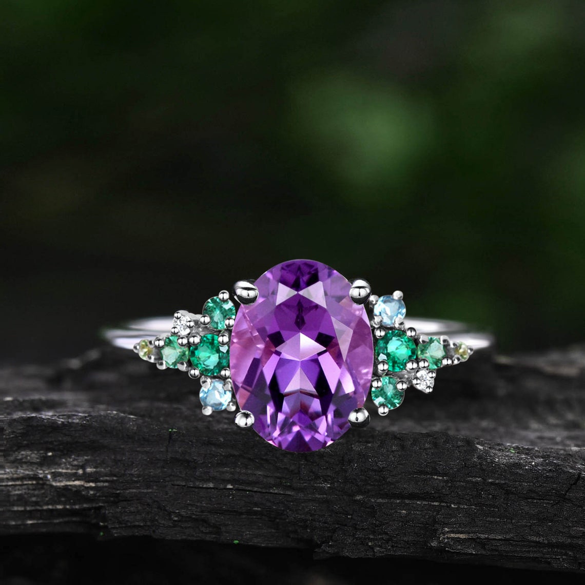 Vintage amethsyt emerald engagement ring rose gold cluster snowdrift peridot topaz ring women unique moissanite bridal promise wedding ring